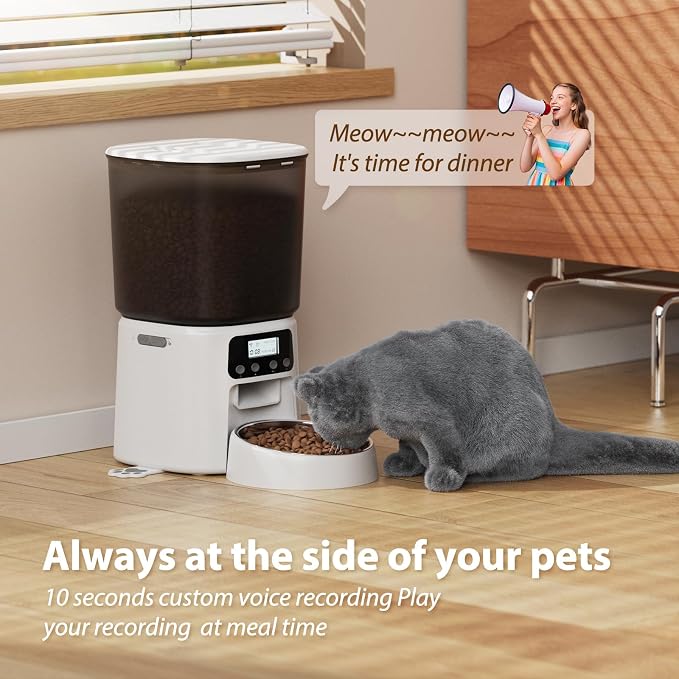 Petrice Automatic Cat Feeder, 4L/16Cups Cat Food Dispenser with Stainless Steel Bowl 30 Portions 6 Meals per Day, Programmable Auto Cat Feeder for Kitty Small Dogs with 10S Voice Record, White