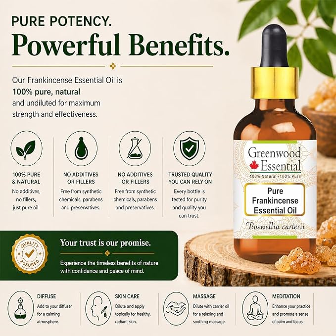 Greenwood Essential Frankincense Essential Oil (Boswellia carterii) with Glass Dropper Steam Distilled 50ml (1.69 oz)