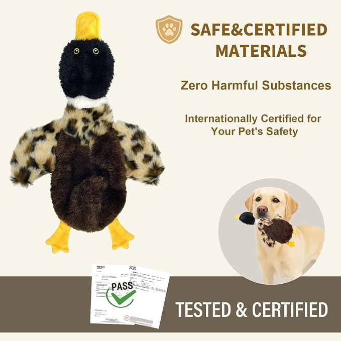 Stuffing-Free Duck Dog Toy, Plush Squeaky Toy with 4 Squeakers and Crinkle Wings, Hollow Body No-Stuffing Design for Small Medium Dogs