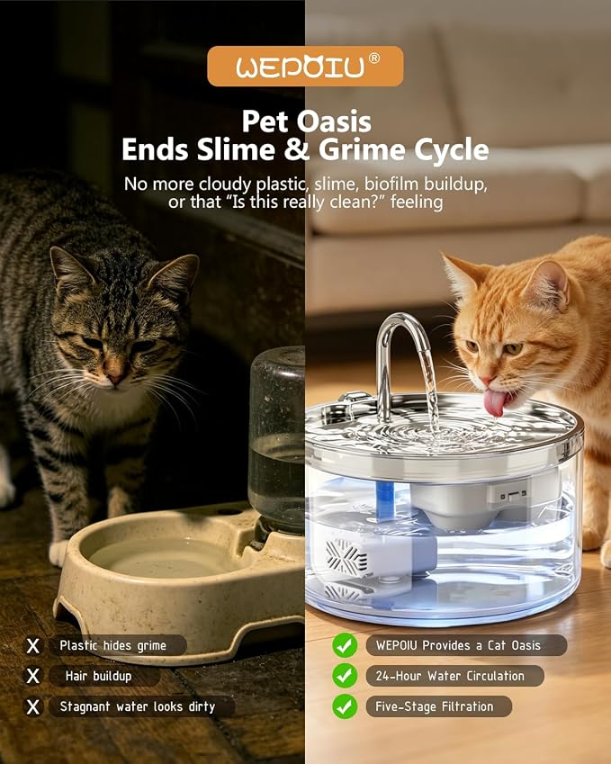 WEPIOU 95oz/2.8L Glass Cat Water Fountain, Multi-Stage Filter, Ultra-Quiet | Automatic Glass Pet Water Fountain, Scientific Gold Capacity for 1-2 Cats, Borosilicate Glass Waterer to Reduce Feline Acne