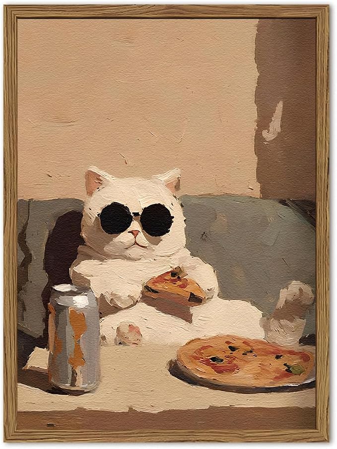 Funny Kitchen Cat Wall Art, Whimsical Animal Wall Decor Painting 3D Textured Sandstone Poster Picture Print Cute Cat Artwork for Bedroom Dining Room Nursery 12x16 inch Wood Framed