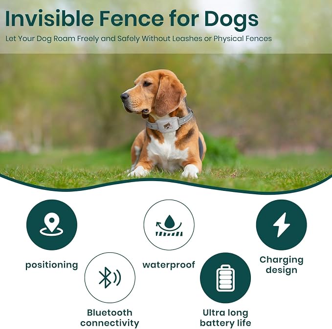 GPS Dog Fence, Wireless Training Collar- No Subscription Required, Customizable Boundaries via App 3280 FT, IPX7 Waterproof Rechargeable Collar, Smart Training Fence, Automatic Sleep/Wake