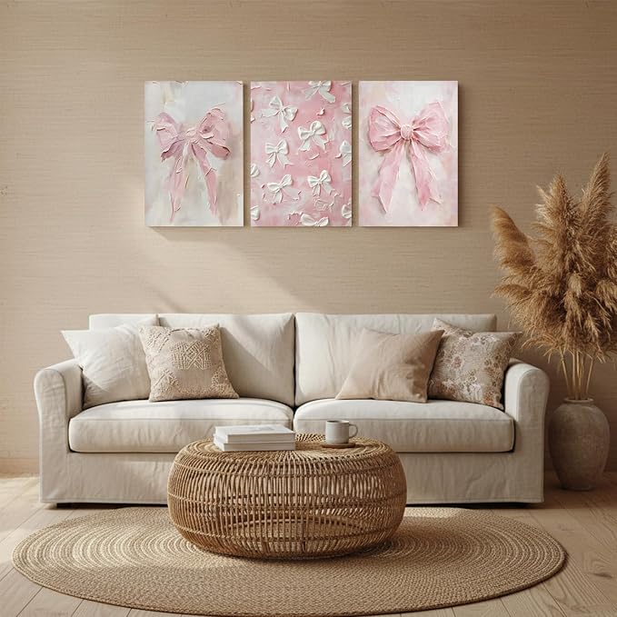Pink Bow Canvas Wall Art Set of 3 Trendy Preppy Oil Painting Posters Wall Decor Cute Coquette Print Picture Girly Aesthetic for Back to School Girls Bedroom Bathroom College Dorm 16x24 In Framed