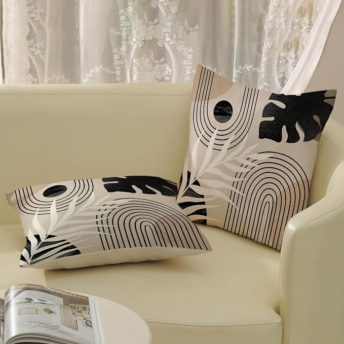 Boho Black Pillow Covers 18x18 Inch Set of 2 Black BeigeTropical Leaf Decor Mid Century Throw Pillows Outdoor Bohemian Modern Decorative Pillowcase Farmhouse Linen Cushion Case for Couch Sofa