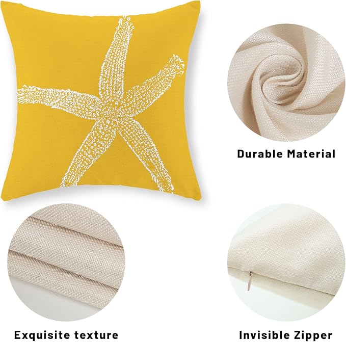Coastal Pillow Covers 20x20 Set of 2 Yellow Coral Starfish Throw Pillows Nautical Ocean Decorations Summer Linen Beach Pillowcase Outdoor Decor Yellow Farmhouse Cushion Case for Home Bedroom