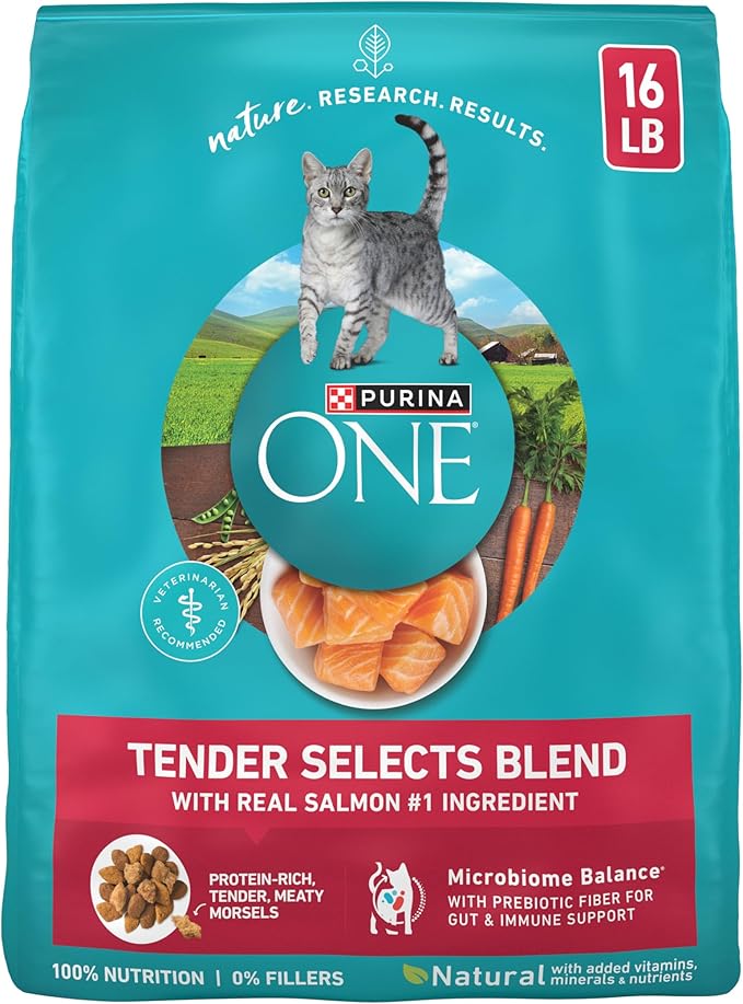 Purina ONE Tender Selects Dry Cat Food, Salmon, 16 lb Bag | Real salmon is the #1 ingredient made with carrots, peas, vitamins A and E for bright eyes, strong muscles and digestion