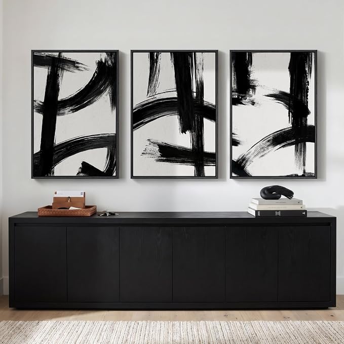 Large Framed Black and White Abstract Wall Art for Living Room, 3 Piece Big Canvas Prints Paintings Artwork for Walls, Modern Minimalist Pictures Wall Decor for Bedroom Office Hallway, 24x36 In
