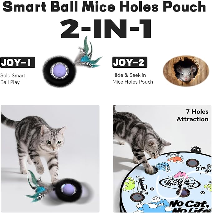 Interactive Cat Toy, Motion Activated Ball & 7 Holes Maze Hide and Seek Mat | Exercise Game for Indoor Cats, Automatic Moving Cat Ball Toy Mouse Catching in Pouch, Rechargeable Kitten Toy, No Cat No Life