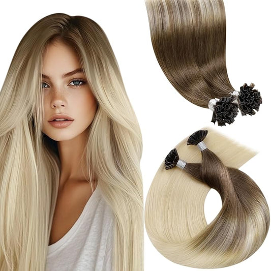 LaaVoo U Tip Hair Extensions Human Hair Light Brown Fading to Light Blonde Ktip Human Hair Extensions Straight Soft 22 Inch 1g/1s 50g/pack