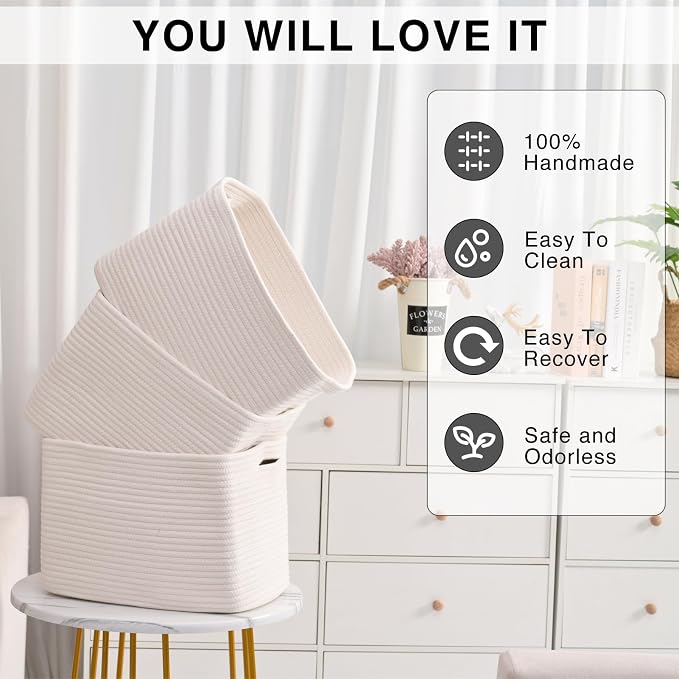 ICERZCZ Storage Baskets for Organizing Shelves 15x11x9.5 Off White 3 Packs | Woven Cotton Rope Bins for Baby Nursery Organization, Book Toy Towel Organizer, Living Room, Bedroom, Bathroom, Kid's Room