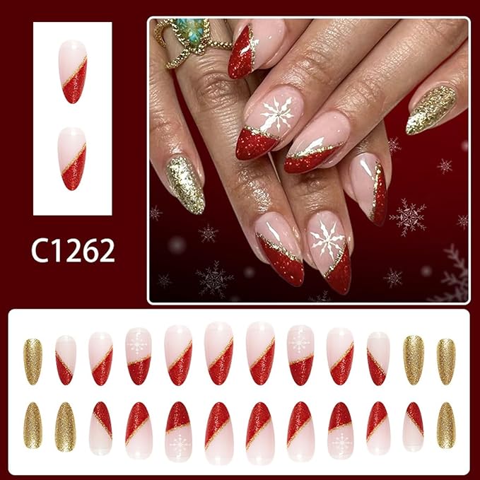 Christmas Nails Press ons Red French Tip Fake Nails Medium Almond False Nail Artificial Acrylic Glossy Full Cover Gold Glitter Glue on Nail Snowflakes Stick on Nail for Women Xmas Manicure 24Pcs