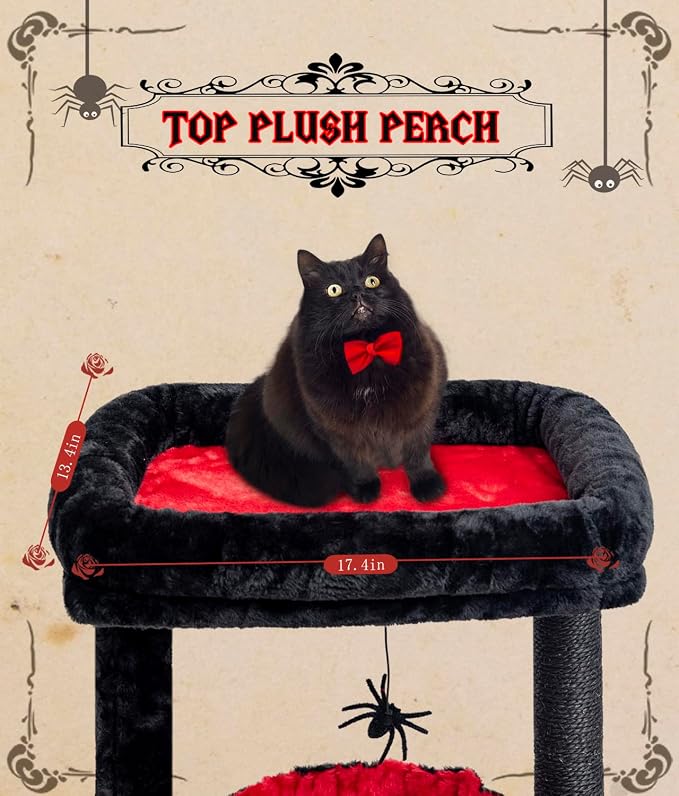 SYANDLVY Gothic Cat Tree with Coffin Bed for Indoor Cats, Activity Tower | Scratching Post for Kittens, Cat Condo Furniture with Basket & Spider Hanging Ball for Play Rest