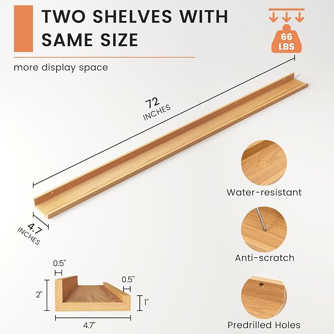 Picture Ledge Shelf, Long Floating Shelves for Wall, 72" W Set of 2, Oak | FSC Certified Engineered Wood, Wall Mounted Bookshelf, for Nursery Living Room Bedroom, Easy Install