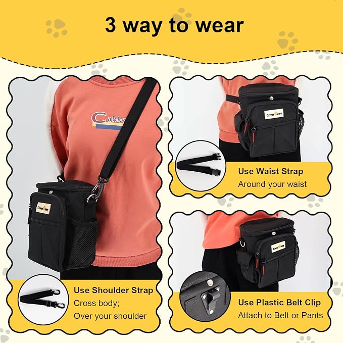 Dog Treat Pouch Open Top for Quick & Spill-Proof Access, Removable Pouch|Poop Bag Dispenser|3 Ways to Wear, Dog Treat Bag - Collapsible Bowl, Training Clicker & Poop Bag for Training & Walking-Black.