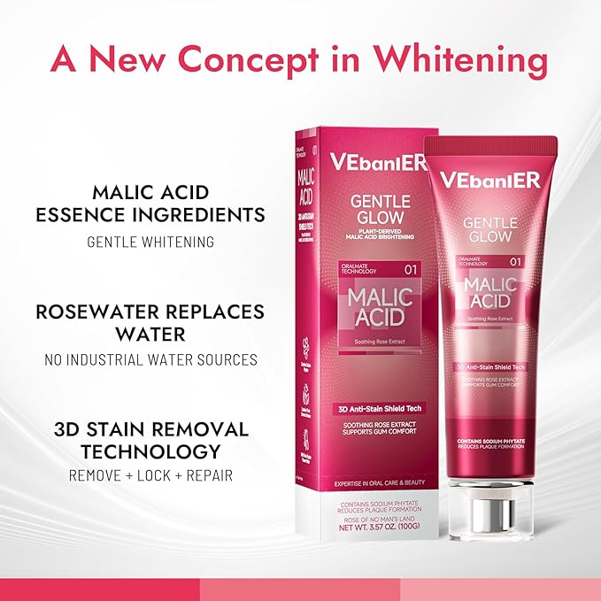 Teeth Whitening Toothpaste with Malic Acid & Niacinamide, Natural Stain Remover for Coffee & Wine, Fluoride Free, Non-Toxic, Enamel Safe for Sensitive Teeth, Gum Health Support,7.14oz