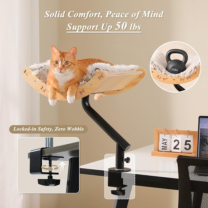 PEQULTI Desk Cat Bed, 360° Rotating Clamp-On Cat Hammock, Wood, Beige | Clamps to desk edge (2.4", no drilling); holds 50 lbs; 360° rotating perch, 11.8" high; removable washable cushion