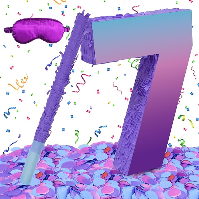Purple Birthday Party Decorations, Purple Number 7 Pinata with Stick Blindfold Confetti for Girls Boys 7th Birthday Activity Game Gift (15.7 x 11.5 x 3 In)