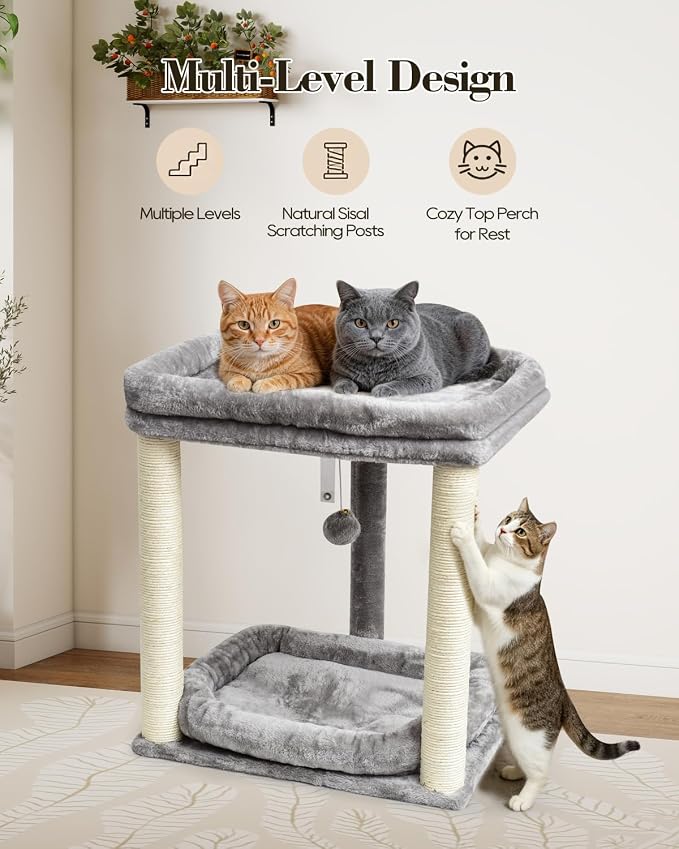 SYANDLVY Small Cat Tree with 2-Tier Perch Platforms, Scratching Post Tower | Natural Sisal, Hanging Bell Ball & Anti-Tip Strap, Modern Cat Furniture for Indoor Cats, Grey