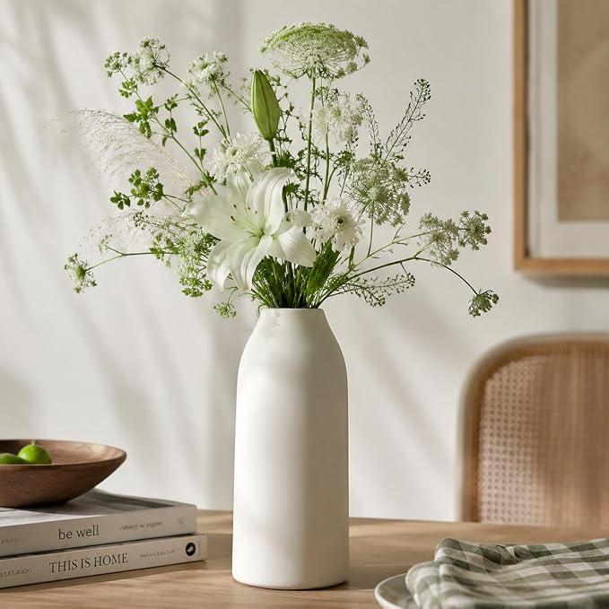 hjn 12 Inch White Ceramic Vase for Flowers, Matte Tall Modern Vase for Decor Minimalist Flower Vase for Home Decor Living Room Tabletop Centerpiece