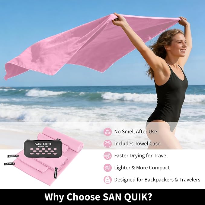 Quick Dry Camping Towel with EVA Case, Microfiber Travel Towel 3 Size at 1 Pack, Super Absorbent Lightweight Fast Drying Towel Set for Beach, Gym, Sports, Backpacking, Yoga & Swimming Pool, Pink