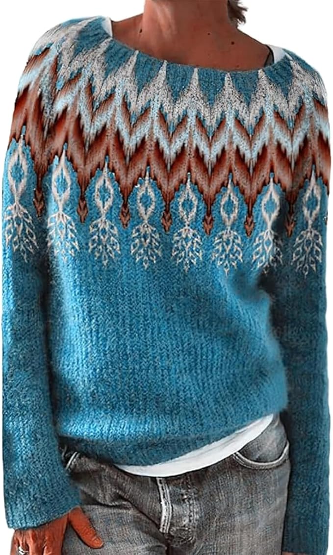 Zhyaj Fair Isle Sweater for Womens Winter Long Sleeve Vintage Knitted Sweater Casual Fall Crew Neck Pullover Sweaters
