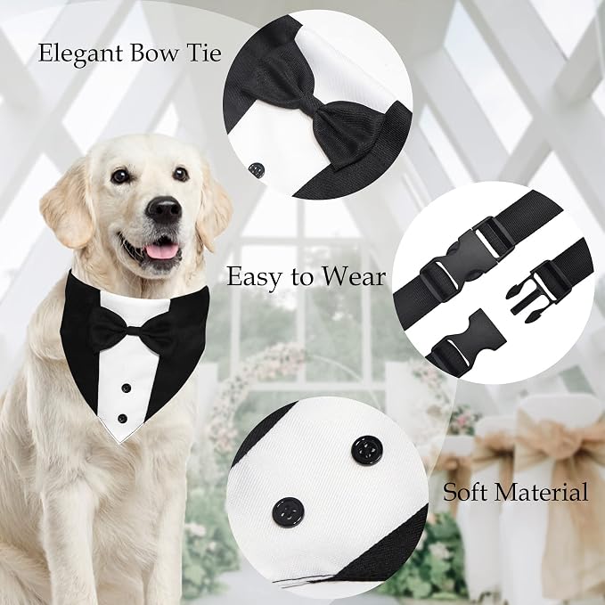 GOYOSWA Dog Tuxedo Suit Wedding Bandana Collar with Bow Tie, Adjustable Formal Dog Tux, Engagement Birthday Tuxedo for Small Medium Large Dogs Pets (Large: Neck 15”-25”) (Pack of 3)