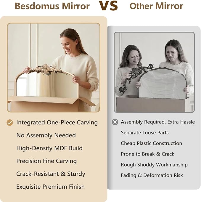 Besdomus Antique Large Wall Mirror: 24"x36" French Arched Vanity Mirrors | Champagne Baroque Vintage Decorative - Traditional Ornate for Entryway/Dresser/Over Sink - Ideal for Bathroom Renovations