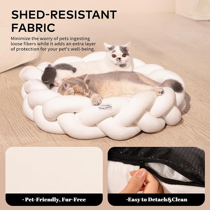 CHEERPALS Weave Cat Bed for Indoor Cats,Cute Pet Bed with Washable Cushion Fluffy Kitty Bed for Small Dog(White)