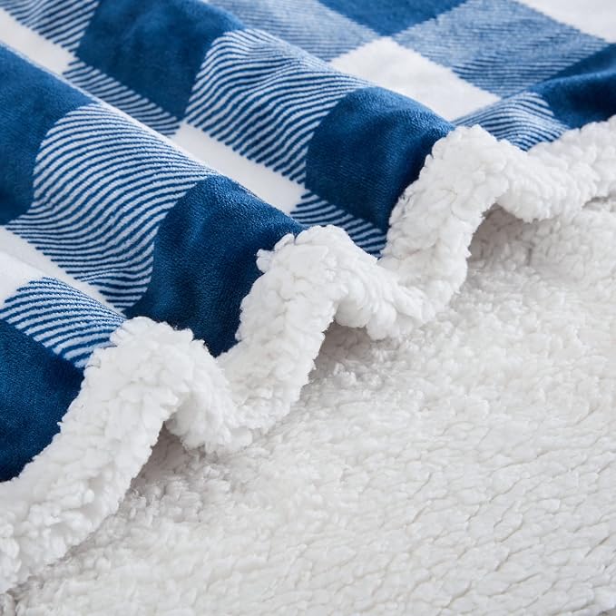 Sherpa Plaid Twin Blanket 60" X 70", Fuzzy Fluffy Soft Cozy Throw Blanket, Twin Size Plush Fleece Flannel Plush Microfiber Blanket for Couch Bed Sofa (Navy)