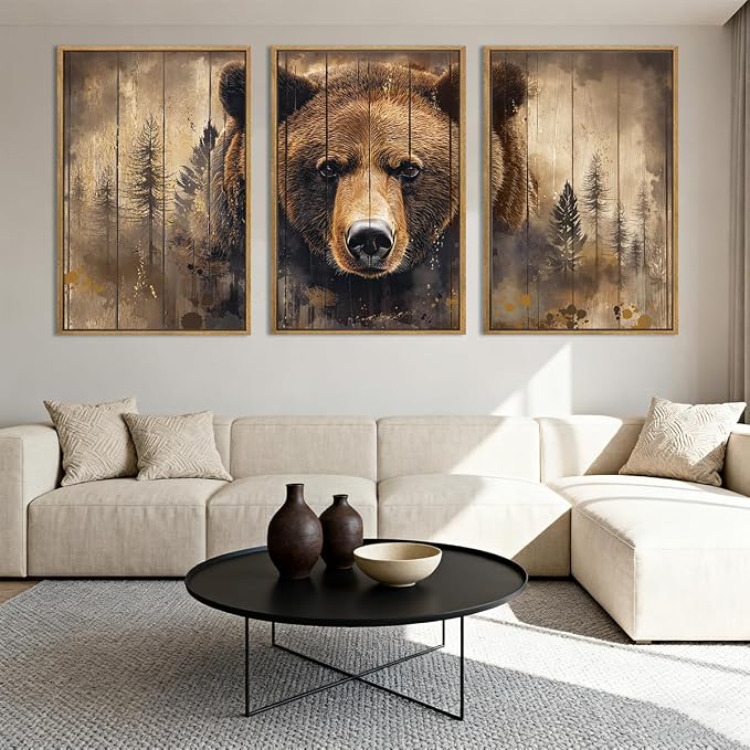 ANHUIB Vintage Brown Bear Canvas Wall Art 16x24 Inch Framed Forest Woodland Paintings Rustic Farmhouse Wildlife Wall Decor Set of 3 for Living Room Bedroom Dining Room
