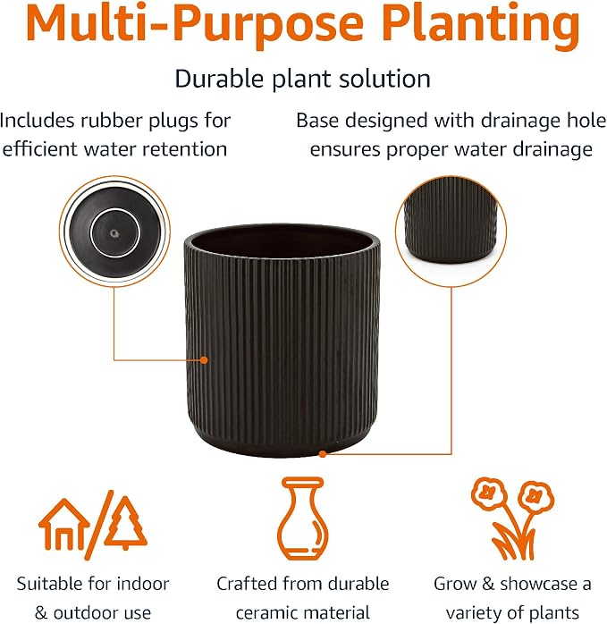 Amazon Basics Fluted Ceramic Planter Pot for Indoor Outdoor Plants, Round Flower Pot with Drainage Hole, 8-inch, Black