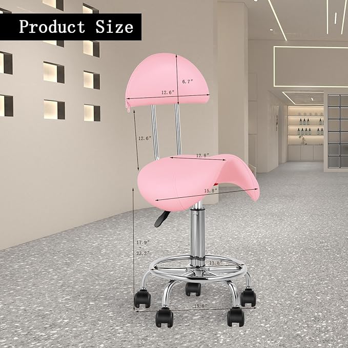 Saddle Chair Rolling Ergonomic Swivel Chair with Soft Comfortable Cushion and Wheels Hydraulic Adjustable Stool for Home Office Dental Tattoo Salon Shop Use with Backrest (Pinksilver)