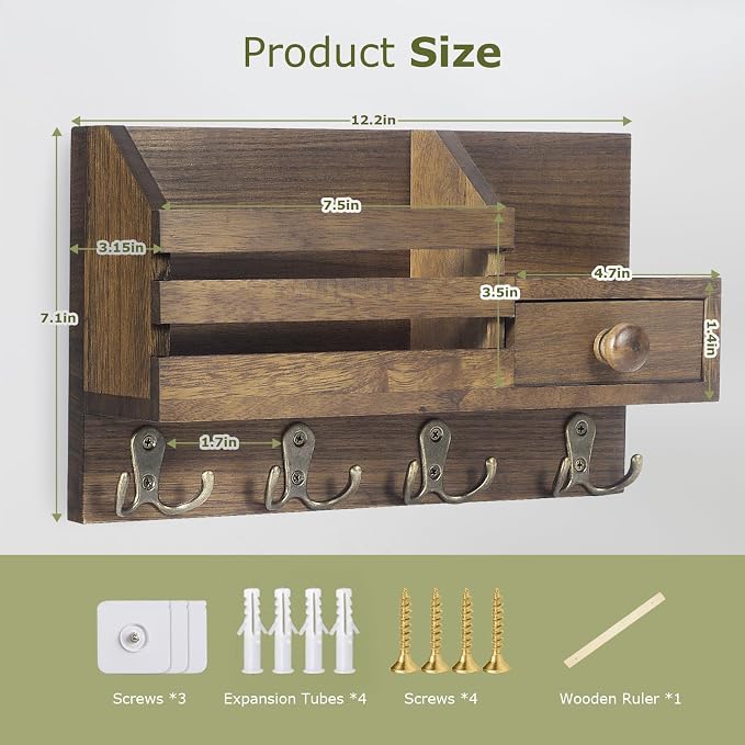 Key Holder Wall Mount, Wooden Key and Mail Organizer, Brown | 2 Mount Options, Includes 8 Hooks, Fence Mail Slot, Small Drawer and Shelf, for Entryway, Hallway, Doorway, Living Room, RV