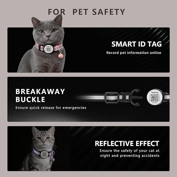 2 Pack Airtag Cat Collar, Breakaway Cat Airtag with Smart ID tag & QR Code Reflective (Reflective Strip & Paw Pattern - Purple, Collar Only)