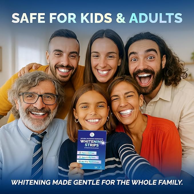 Teeth Whitening Strips for Sensitive Teeth and Gums - Peroxide Free and Enamel Safe with Coconut Oil for Whiter Teeth - 7-Day Treatment White Strips with Non-Slip and Dry-Strip Technology