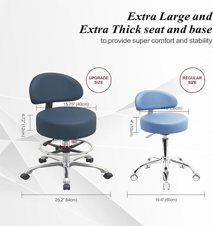 Height Adjustable Rolling Shop Stool with Back Support - Kitchen Stool with Wheels Heavy Duty Stool with Back for Salon,Spa,Massage,Tattoo,Esthetician – Rolling Stool Extra Thick for Extreme Comfort