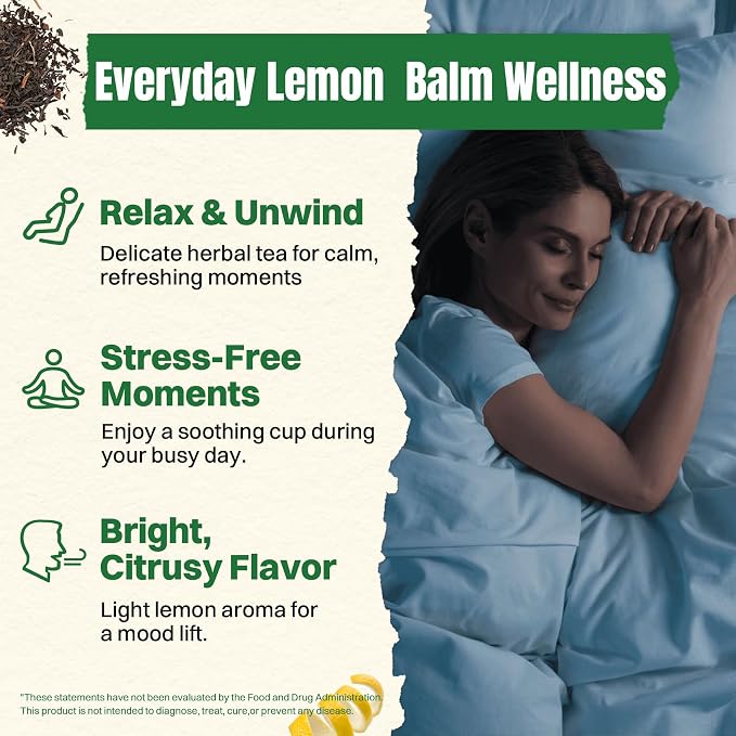 Hiihone Lemon Balm Tea Bags 20 Count – Pure & Natural Lemon Balm Tea, Caffeine-Free Herbal Tea, Calming & Soothing, Non-GMO, Fresh Citrusy Flavor