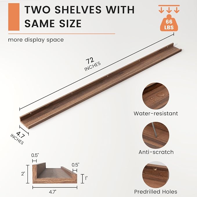 Picture Ledge Shelf, Long Floating Shelves for Wall, 72" W Set of 2, Walnut | FSC Certified Engineered Wood, Wall Mounted Bookshelf, for Nursery Living Room Bedroom, Easy Install