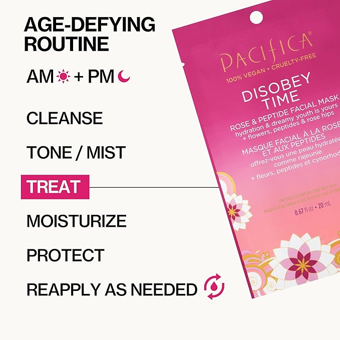 Pacifica Disobey Time Anti-Aging Facial Sheet Mask 6-Pack – Hydrating Rose & Peptide Mask for Dry Skin, Infused with Hyaluronic Acid & Green Tea, Fights Fine Lines, Vegan & Cruelty-Free