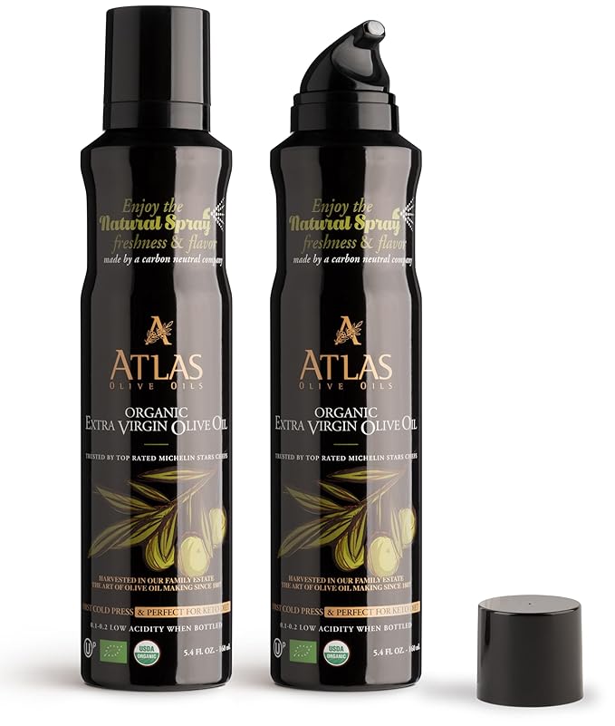 Olive Oil Spray by Atlas, Dual Function Olive Oil Cooking Spray and Stream, 5.4 fl oz, 2 Pack, Extra Virgin, Non Stick, Cold Pressed, Polyphenol Rich, Organic Moroccan EVOO, Hydroxytyrosol, Keto