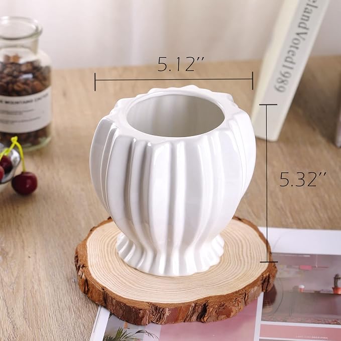 VanEnjoy 6 inch Modern Ribbed Design Small White Ceramic Decorative Tabletop Centerpiece Vase Flower Pot - White Spiral