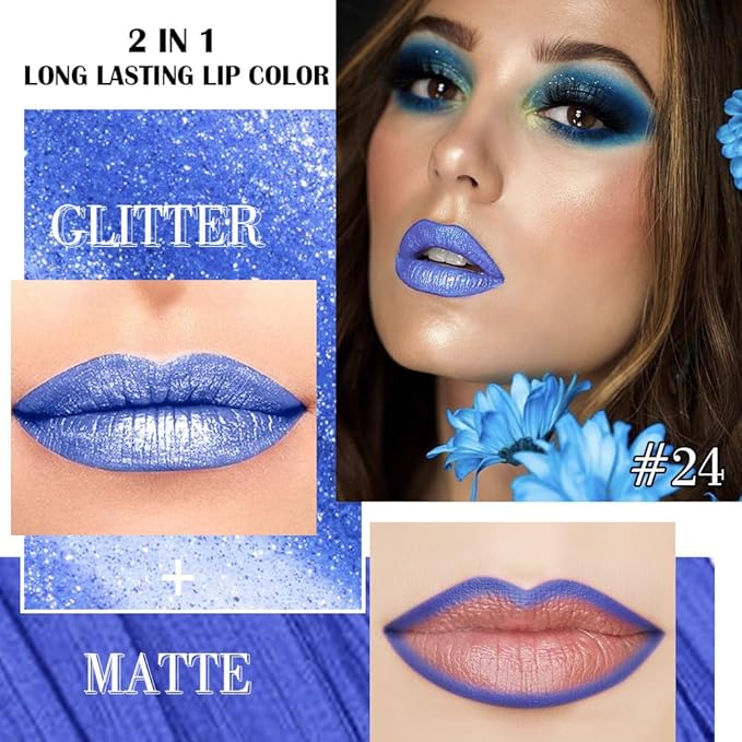 evpct Sky Blue Metallic Glitter Lip Liner and Lipstick Combo Lip Gloss Stain Set Makeup for Women Long Lasting Waterproof 24, Sky Blue Metallic Shimmer Frosted Iridescent Glossy Liquid Lipstick 24