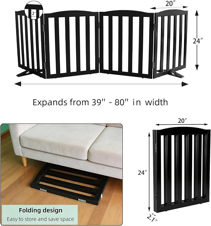 ZJSF Foldable Freestanding Indoor Dog Gate for House Wood Long Pet Gates Dog Fence for Stairs Puppy Gates for Hallways, Puppy Gate,Support Feet Included, Black, 24 "Height-4 Panels