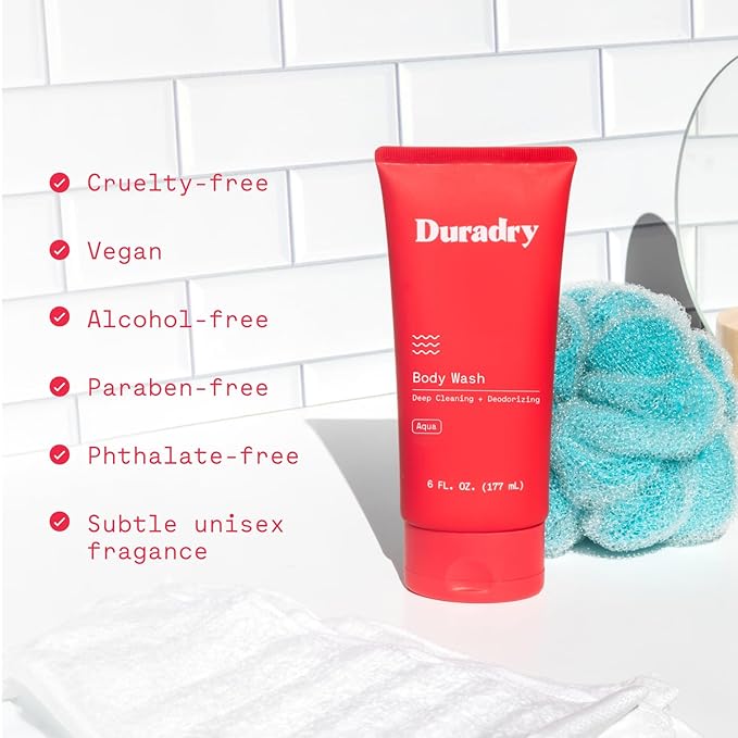 Duradry Deodorizing Body Wash for Women and Men - Odor control, Deep Cleansing, Nourishes, and Moisturizes Skin, Made with Natural Ingredients - Aqua Fragrance, 6 Fl Oz