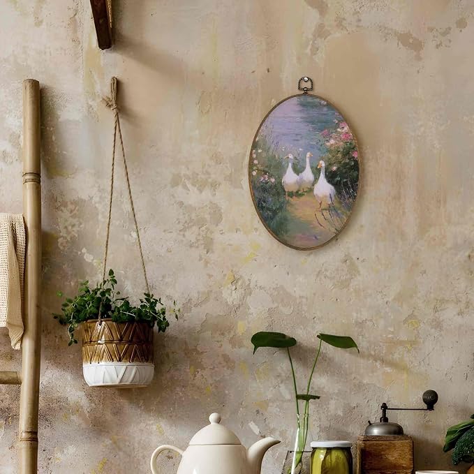 LKETW Vintage Rustic Duck Oval Wall Art Decor, Cottagecore Wildflower Duck Oval Canvas Hanging Decor, Farmhouse Goose Farm Animal Wall Decorations for Farmhouse Home Bedroom Living Room, 8.6x11.4 Inch