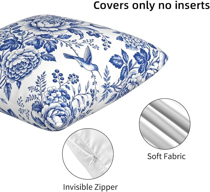 Blue White Chinoiserie Floral Throw Pillow Covers 20x20 Set of 2 Farmhouse Decorative Cushion Cases Home Decor