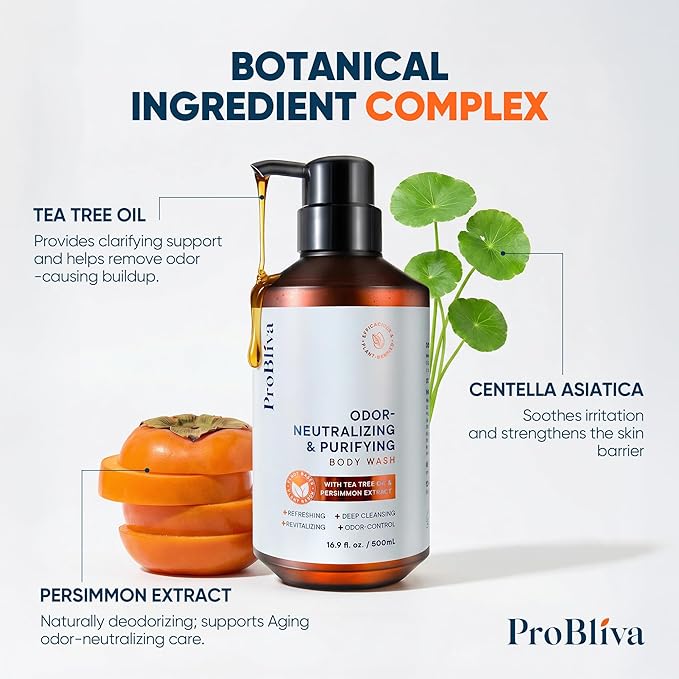 ProBliva Persimmon Body Wash for Aging Odor: Purifying & Deodorizing Body Wash for Older People Smell with Tea Tree Oil & Green Tea - Japanese Odor-Control Eliminator for Adults & Seniors - 33.8 fl.oz