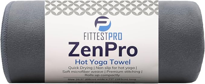 Fittest Pro Non-Slip Hot Yoga Towel with Super-Absorbent Soft Suede Microfiber in Many Colors, for Bikram Pilates and Yoga Mats. (72.00 x 26.50) Nimbus Grey