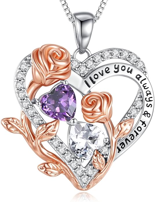 I Love You Birthstone Necklace, 925 Sterling Silver Heart Pendant with CZ Diamond Stones, Birthday Gifts for Women, Romantic Gift for Wife, Girlfriend, Her, Anniversary, Valentine's Day, Christmas