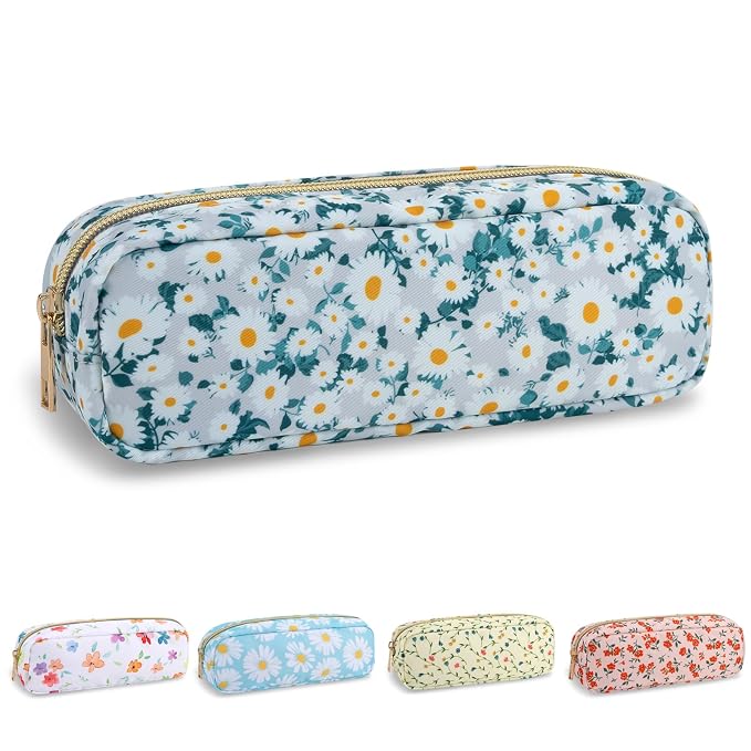 UIXIZQ Waterproof Small Floral Pencil Case Makeup Bag for Purse,Cute Flower Pencil Pouch Preppy Nylon Makeup Brush Holder with Zipper,Girls Portable Storage Case for Work(Slim Green-Daisy)
